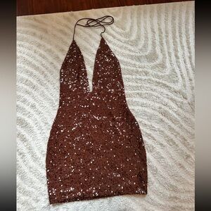 NWT MESHKI Cecilia Deep V Sequin Mini Dress Brown